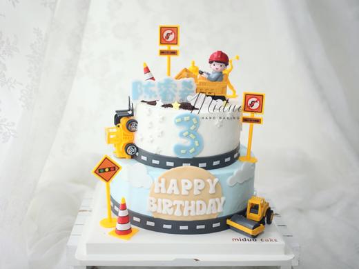 男孩款 挖土机工程车 卡通 周岁 双层蛋糕 商品图0