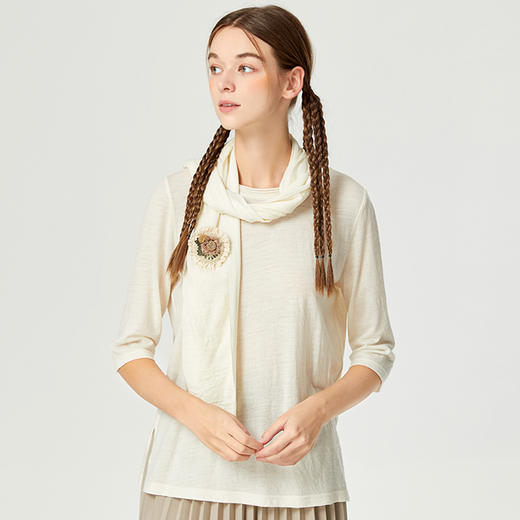 Famecoco范可儿五分袖圆领纯羊毛针织衫女春秋中长款原创围巾上衣F225BE004 商品图1