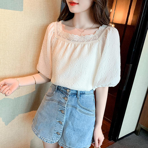 新款方领，蕾丝花边泡泡袖气质雪纺衫衬衫钉珠上衣KQL-6176 商品图2