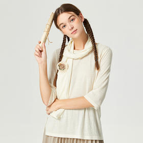 Famecoco范可儿五分袖圆领纯羊毛针织衫女春秋中长款原创围巾上衣F225BE004