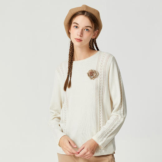 Famecoco范可儿品牌针织衫女专柜正品春秋季镂空长袖羊毛白色上衣F225DB003 商品图3