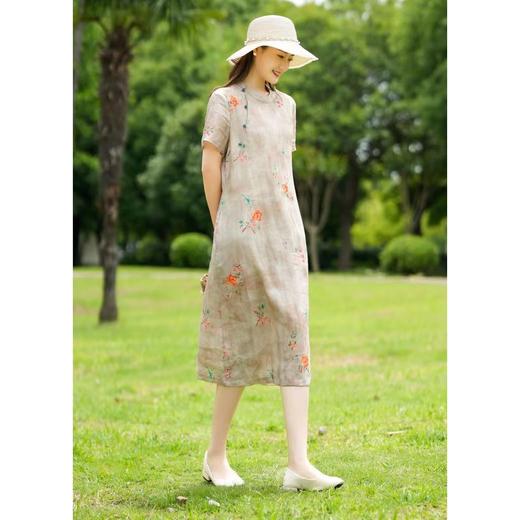 dp1095  2022夏季改良旗袍日常短袖复古文艺斜襟棉麻印花连衣裙 商品图3