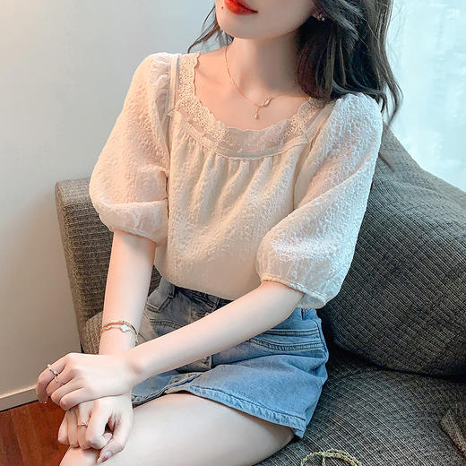 新款方领，蕾丝花边泡泡袖气质雪纺衫衬衫钉珠上衣KQL-6176 商品图5