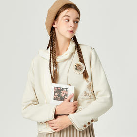 famecoco范可儿撞色绣花羊毛外套女宽松秋季V领短款上衣保暖高弹F225AB004