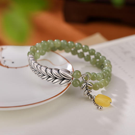【晴烟】S990银足银蜜蜡和田青玉圆珠麦穗双圈手串【CW-80407】 商品图2