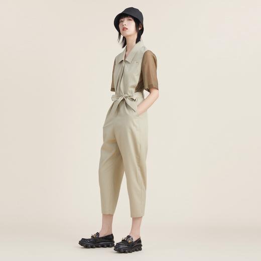 谜底2022秋新品复古文艺竖条纹配腰带翻领天丝连体裤女223MK1053 商品图1