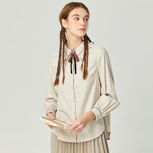 Famecoco范可儿品牌全棉木耳边衬衫女士春秋季原创长袖线条绣花衬衣F225BH012 商品图1