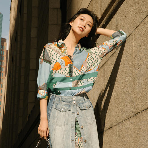 【不规则印花】谜底衬衫式连衣裙宽松纯棉花裙子送腰带225ML6053 商品图2