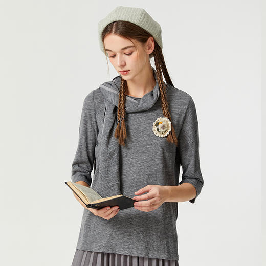 Famecoco范可儿五分袖圆领纯羊毛针织衫女春秋中长款原创围巾上衣F225BE004 商品图2