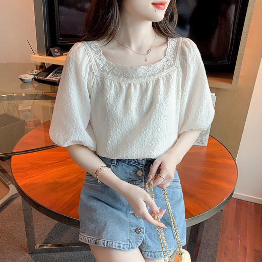 新款方领，蕾丝花边泡泡袖气质雪纺衫衬衫钉珠上衣KQL-6176 商品图1