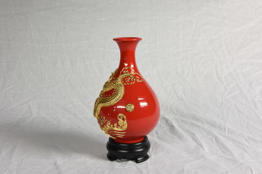中华老字号蔡氏漆线雕祥龙玉壶春瓶（5英寸红釉） 商品图1