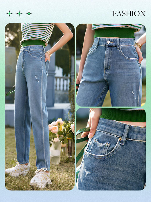 欧芮儿蓝色牛仔裤女夏季2022新款高腰时尚直筒宽松阔腿磨边老爹裤 商品图2