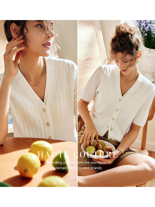 OLrain法式白色V领针织衫女夏季2022新款宽松气质显瘦小香风开衫 商品图1