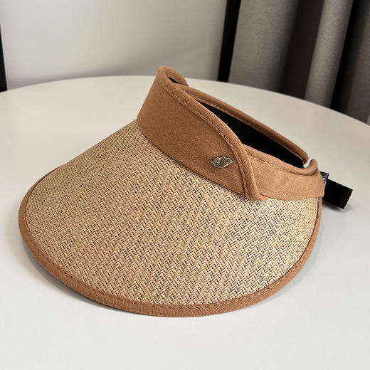 CT-T1-M1881韩国新款树叶金属标空顶帽编大沿遮阳帽透气帽子女 商品图7