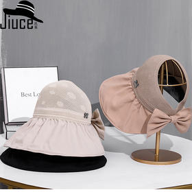 CT-M1883夏季新款空顶帽黑胶涂层透气遮阳帽拼接蝴蝶结大沿太阳帽子女