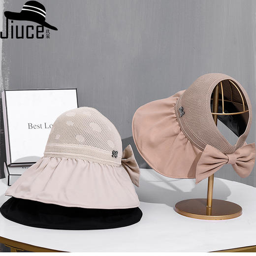 CT-M1883夏季新款空顶帽黑胶涂层透气遮阳帽拼接蝴蝶结大沿太阳帽子女 商品图0