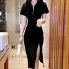 灰色polo领连衣裙女夏季新款收腰抽绳开叉小黑裙子rbl03 商品缩略图9