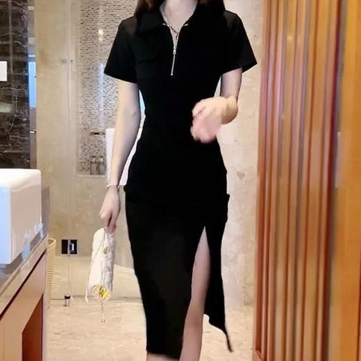 灰色polo领连衣裙女夏季新款收腰抽绳开叉小黑裙子rbl03 商品图9