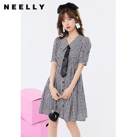 NEELLY纳俪翻领连衣裙女减龄撞色黑白格娃娃裙泡泡袖A字裙中长款 商品图2