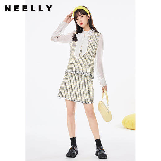 NEELLY纳俪秋季2022新款系带衬衫小香风假两件套装流苏上衣简约风NE2003DR379 商品图2