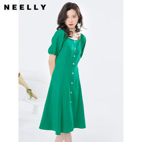 NEELLY/纳俪商场同款短袖连衣裙女泡泡袖方领中长款裙子高腰A字裙