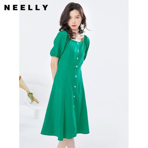 NEELLY/纳俪商场同款短袖连衣裙女泡泡袖方领中长款裙子高腰A字裙 商品图0