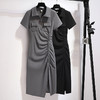 灰色polo领连衣裙女夏季新款收腰抽绳开叉小黑裙子rbl03 商品缩略图5