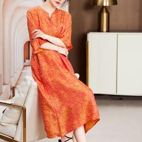 LX22033  2022夏季新款时尚新中式中袖V领系带葫芦（福禄）真丝提花连衣裙