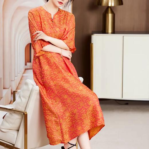 LX22033  2022夏季新款时尚新中式中袖V领系带葫芦（福禄）真丝提花连衣裙 商品图0