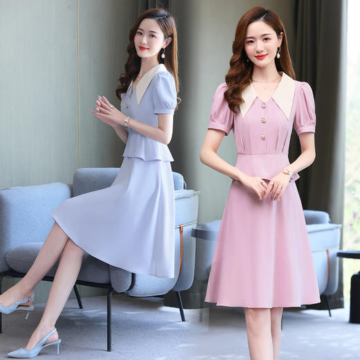 淑女拼接大领子珍珠扣时尚修身假两件荷叶边连衣裙HR-LJY-YY2231 商品图0