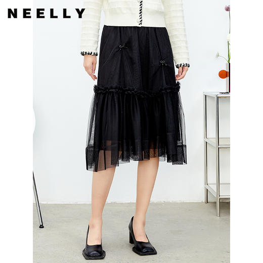 NEELLY纳俪松紧腰纱裙女半身春季抽褶网纱立体蝴蝶结中长裙A字裙N22081E01175 商品图0
