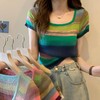 彩虹条纹方领针织短袖T恤女夏薄款设计感短款上衣rbl01 商品缩略图1