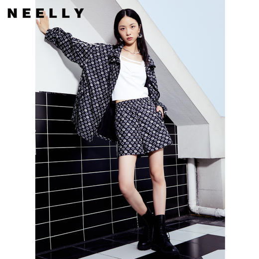 NEELLY纳俪短裤女2022新款气质高腰松紧显瘦印花休闲阔腿裤子百搭N22081H01060 商品图2