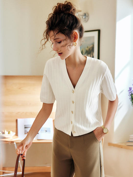 OLrain法式白色V领针织衫女夏季2022新款宽松气质显瘦小香风开衫 商品图3