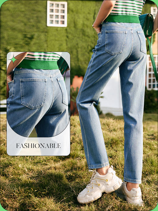 欧芮儿蓝色牛仔裤女夏季2022新款高腰时尚直筒宽松阔腿磨边老爹裤 商品图3