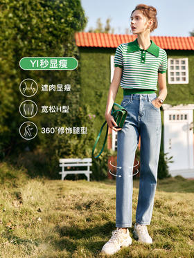 欧芮儿蓝色牛仔裤女夏季2022新款高腰时尚直筒宽松阔腿磨边老爹裤