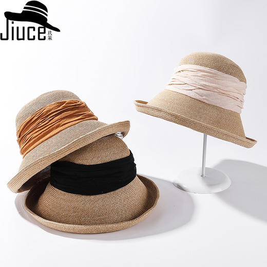CT-M1876跨境夏季新款皱皱卷边细编帽户外遮阳透气大檐帽子工厂 商品图0