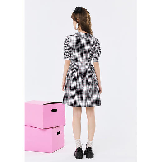 NEELLY纳俪翻领连衣裙女减龄撞色黑白格娃娃裙泡泡袖A字裙中长款 商品图3