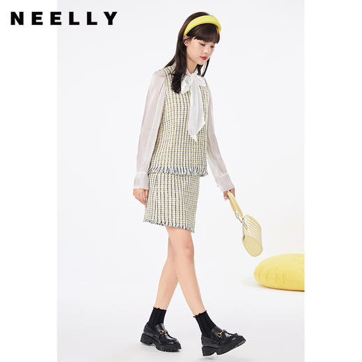 NEELLY纳俪秋季2022新款系带衬衫小香风假两件套装流苏上衣简约风NE2003DR379 商品图1