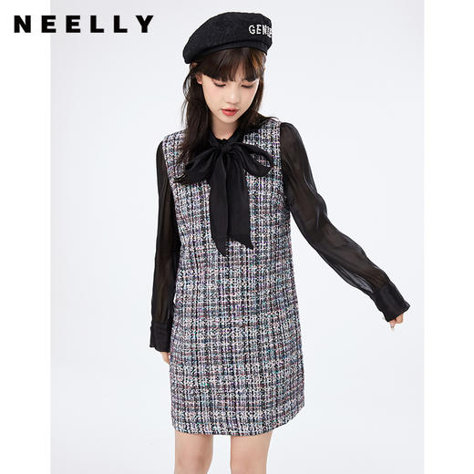 NEELLY纳俪假两件连衣裙女微透视衬衣拼接小香风直筒裙小个子NE2001DY377 商品图2