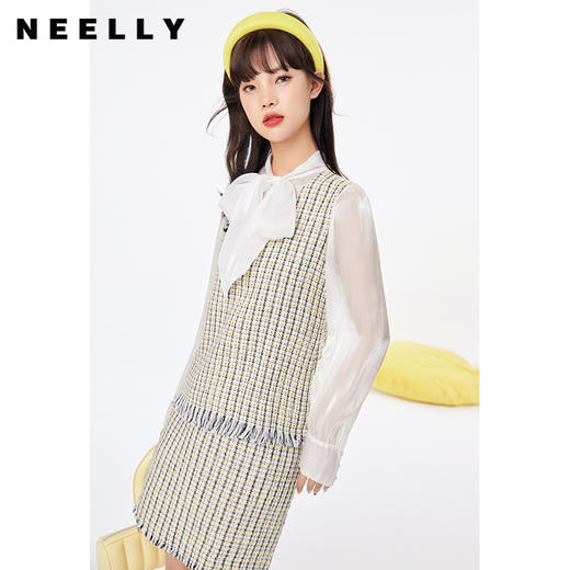 NEELLY纳俪秋季2022新款系带衬衫小香风假两件套装流苏上衣简约风NE2003DR379 商品图0