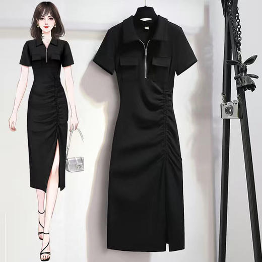 灰色polo领连衣裙女夏季新款收腰抽绳开叉小黑裙子rbl03 商品图8