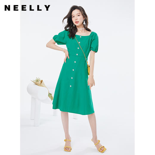 NEELLY/纳俪商场同款短袖连衣裙女泡泡袖方领中长款裙子高腰A字裙 商品图1