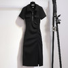 灰色polo领连衣裙女夏季新款收腰抽绳开叉小黑裙子rbl03 商品缩略图1