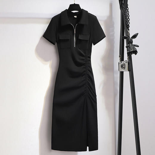 灰色polo领连衣裙女夏季新款收腰抽绳开叉小黑裙子rbl03 商品图1