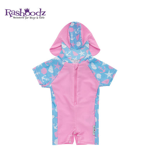 Rashoodz 儿童短袖带帽防晒游泳衣拉链连体泳衣男女宝宝沙滩衣 商品图0