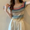 彩虹条纹方领针织短袖T恤女夏薄款设计感短款上衣rbl01 商品缩略图3