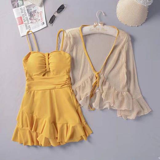 泡温泉游泳衣女士连体保守遮肚长袖仙裙式套装rbl24 商品图3