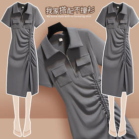 灰色polo领连衣裙女夏季新款收腰抽绳开叉小黑裙子rbl03