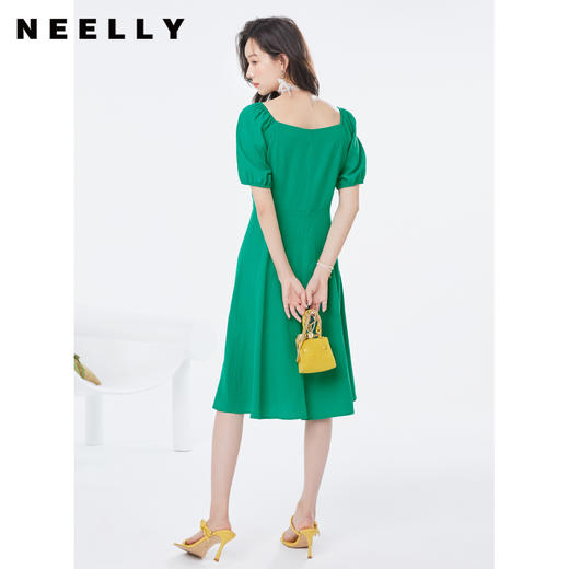 NEELLY/纳俪商场同款短袖连衣裙女泡泡袖方领中长款裙子高腰A字裙 商品图2